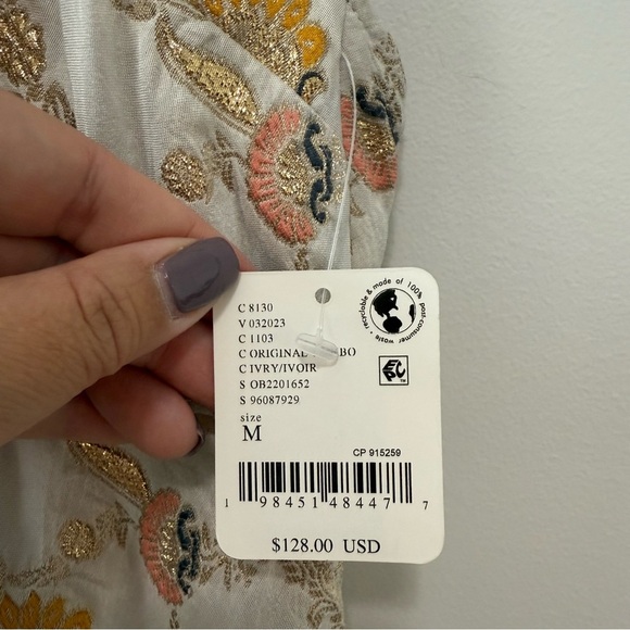 Free People Chiara Romper Cream Gold Pink Embroidered Playsuit Onsie Sz M NWT - Picture 9 of 16